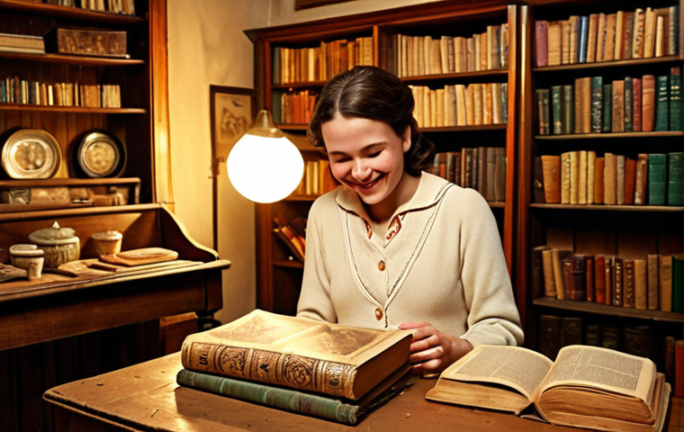 Nostalgic Vintage Shop**

"A cozy vintage shop filled with antique books and furniture, illuminated by warm light.  A woman browses the shelves, a contented smile on her face, surrounded by a comforting, slightly musty scent.  Focus on creating a feeling of 'gezelligheid' (coziness)."

**