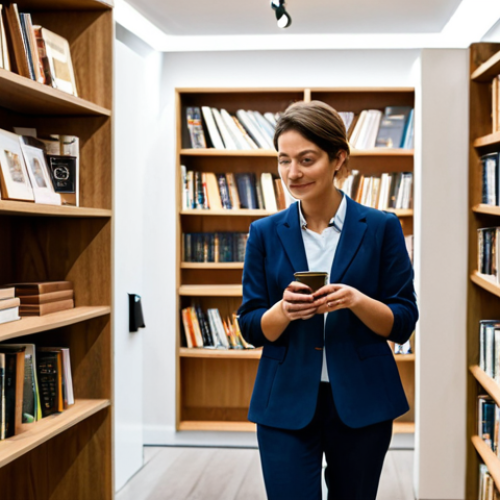 A professional woman, fully clothed in a modest business casual outfit, browsing a beautifully curated modern bookstore in the Netherlands. The interior is well-lit with warm, inviting tones, showcasing wooden shelves filled with books and a small, elegant coffee corner. She has a natural, calm expression, appreciating the peaceful ambiance. The environment suggests a subtle, pleasant aroma, enhancing the overall experience. Appropriate attire, safe for work, appropriate content, fully clothed, professional, perfect anatomy, correct proportions, natural pose, well-formed hands, proper finger count, natural body proportions, professional photography, high quality.