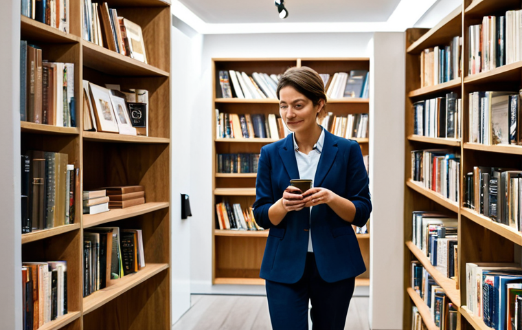 A professional woman, fully clothed in a modest business casual outfit, browsing a beautifully curated modern bookstore in the Netherlands. The interior is well-lit with warm, inviting tones, showcasing wooden shelves filled with books and a small, elegant coffee corner. She has a natural, calm expression, appreciating the peaceful ambiance. The environment suggests a subtle, pleasant aroma, enhancing the overall experience. Appropriate attire, safe for work, appropriate content, fully clothed, professional, perfect anatomy, correct proportions, natural pose, well-formed hands, proper finger count, natural body proportions, professional photography, high quality.