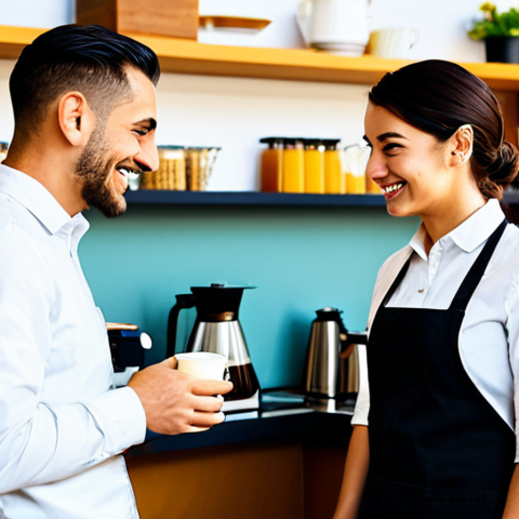 Coffee Shop Ambiance**

"A bright and inviting coffee shop scene, featuring a barista in professional attire serving a customer. The cafe is filled with the aroma of freshly brewed coffee. Focus on a clean and modern aesthetic with subtle hints of warmth. Fully clothed patrons are enjoying coffee and conversation. Safe for work, appropriate content, professional setting, perfect anatomy, natural pose, family-friendly."

**