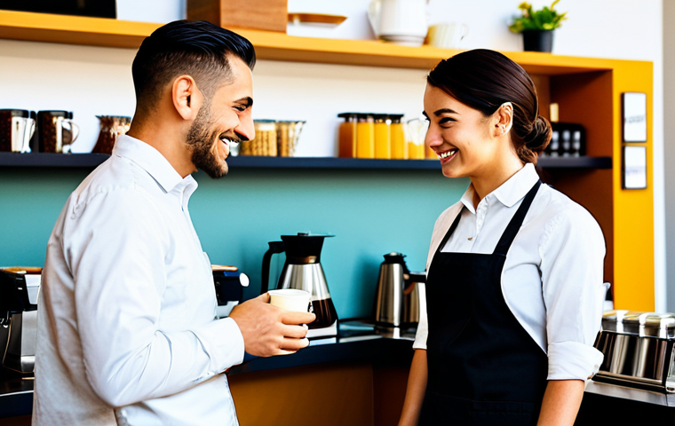 Coffee Shop Ambiance**

"A bright and inviting coffee shop scene, featuring a barista in professional attire serving a customer. The cafe is filled with the aroma of freshly brewed coffee. Focus on a clean and modern aesthetic with subtle hints of warmth. Fully clothed patrons are enjoying coffee and conversation. Safe for work, appropriate content, professional setting, perfect anatomy, natural pose, family-friendly."

**