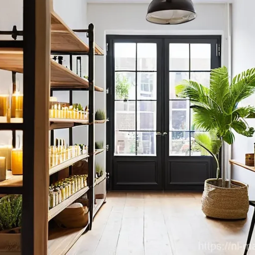 향기 마케팅 효과의 장기적 변화 - **Prompt:** "A warm, inviting boutique in a historic Dutch city, specializing in eco-friendly home g...
