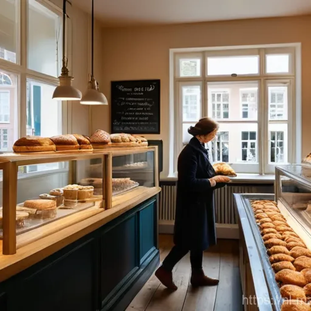 향기 마케팅의 심리적 효과 - **Prompt:** A cozy, sunlit Dutch bakery interior, showcasing artisanal 'brood' (bread) and 'gebak' (...
