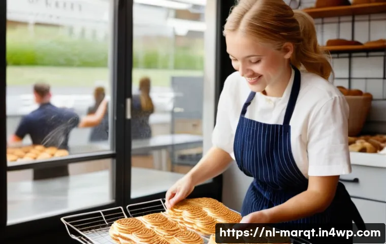 향기 마케팅을 위한 향기 선정 기준 - **Prompt:** A brightly lit Dutch bakery interior. A young woman with blonde hair, wearing a clean ap...