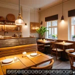 Home 19 향기 마케팅의 기업 전략 - A cozy Dutch café interior bathed in warm natural light, with subtle vanilla scent elements represen...