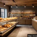 Home 23 향기 마케팅과 브랜드 메시지의 일관성 - A cozy Dutch bakery interior with warm natural lighting, featuring shelves filled with fresh artisan...