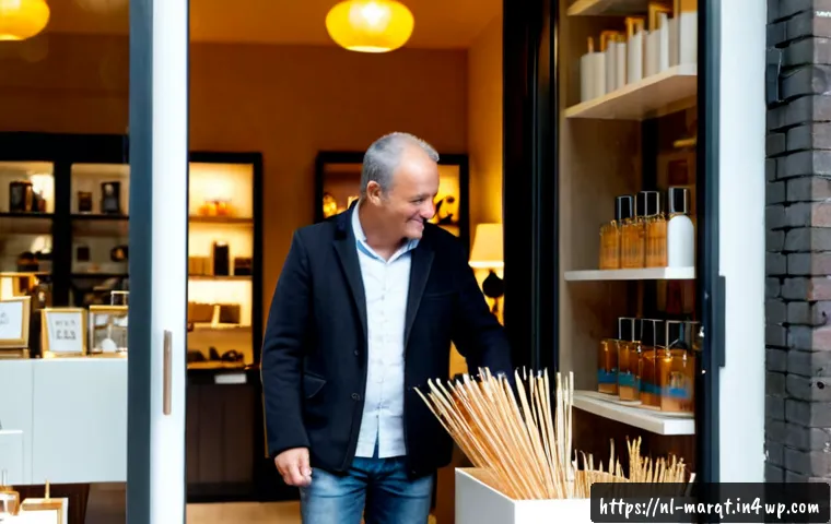 Home 17 향기 마케팅의 성공 요소 - Photorealistic upscale Dutch boutique interior in Amsterdam, a welcoming shop owner subtly placing a...